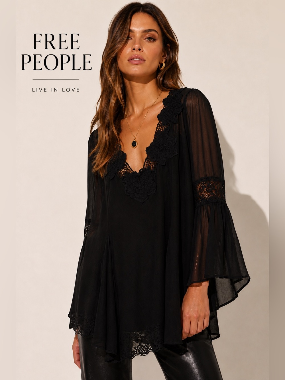 Free People Black Sheer Lace Bell Sleeve Tunic Top Romantic Gothic Boho Small A
